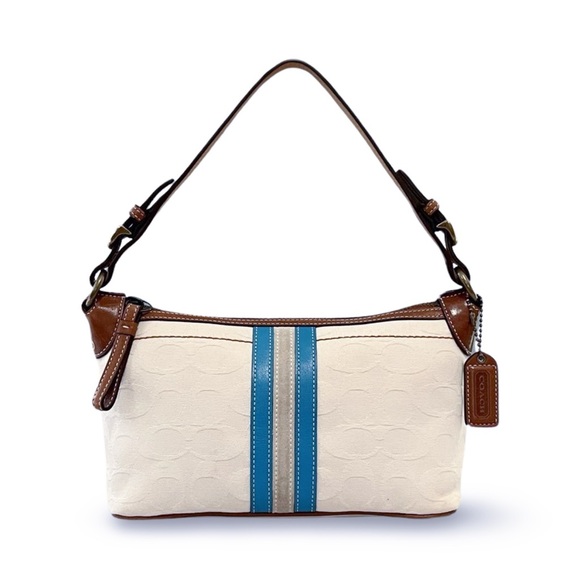 Coach Vintage Signature Striped Cream on Cream Jacquard & Brown Leather Baguette - Picture 1 of 7